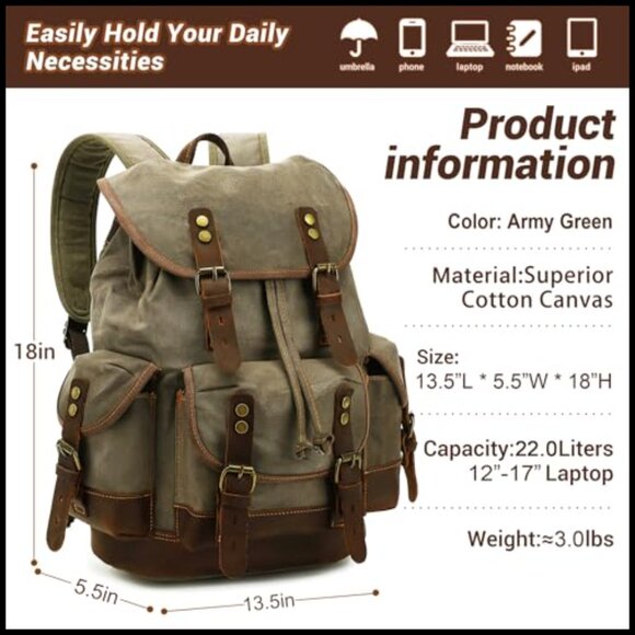 Vintage Canvas Leather Backpack Ergonomic Daypack Travel College Durable main image 7